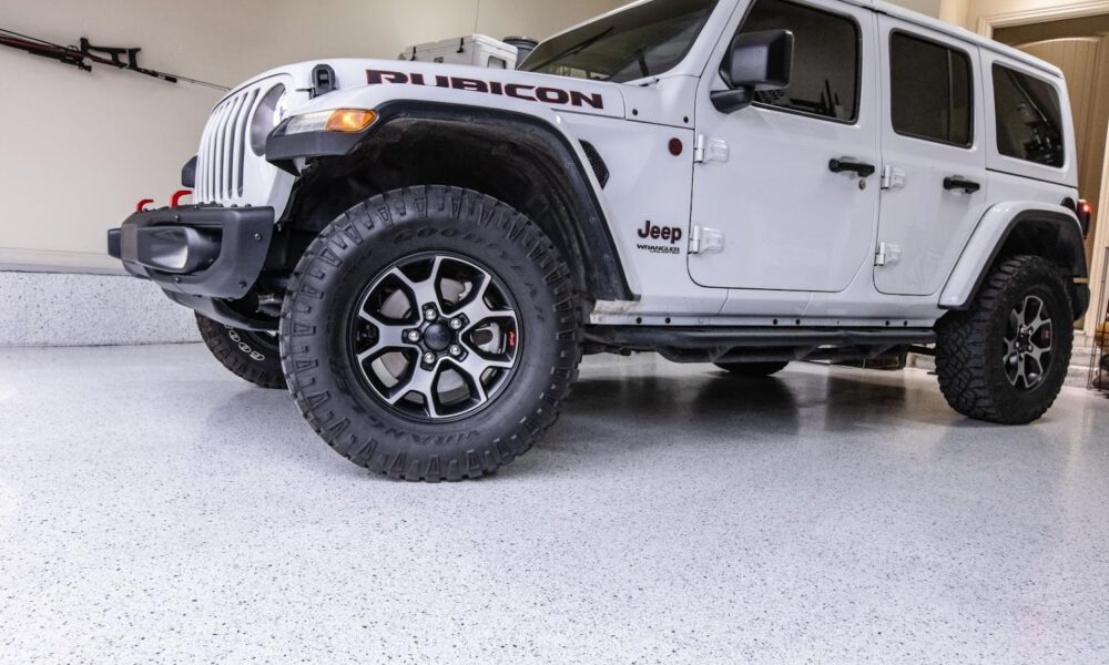 Polyaspartic garage floor looks nice with that jeep
