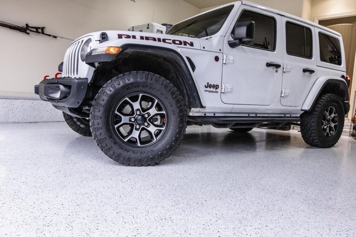 Polyaspartic garage floor looks nice with that jeep